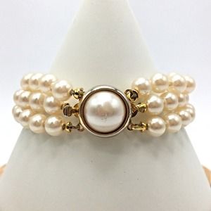 Vintage Glass Pearl Hand Knotted Multi-Strand Bracelet Faux Mabe Pearl Box Clasp